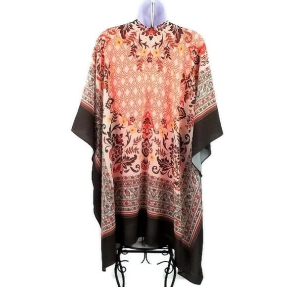 Brown, Orange Floral Scarf Print Open Front Short Sleeve Kimono Top Womens S/M - Picture 3 of 8